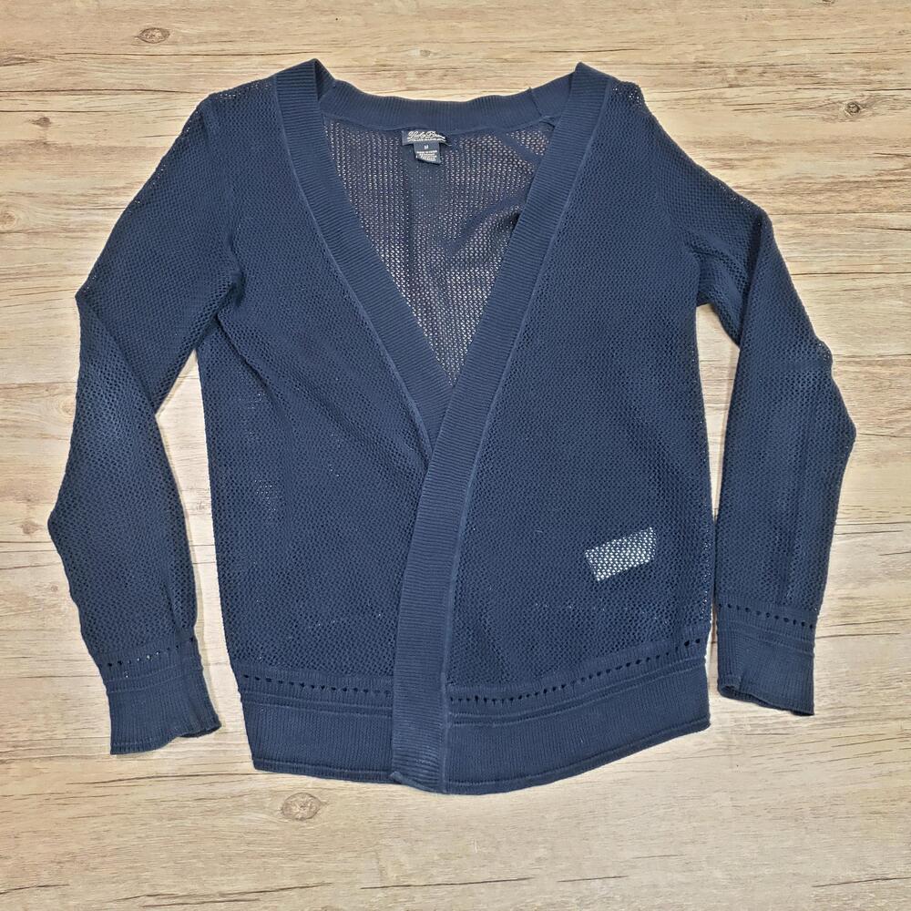 Lucky Brand Cardigan Sweater Womens Medium Blue Open Knit Ramie Cotton Layering